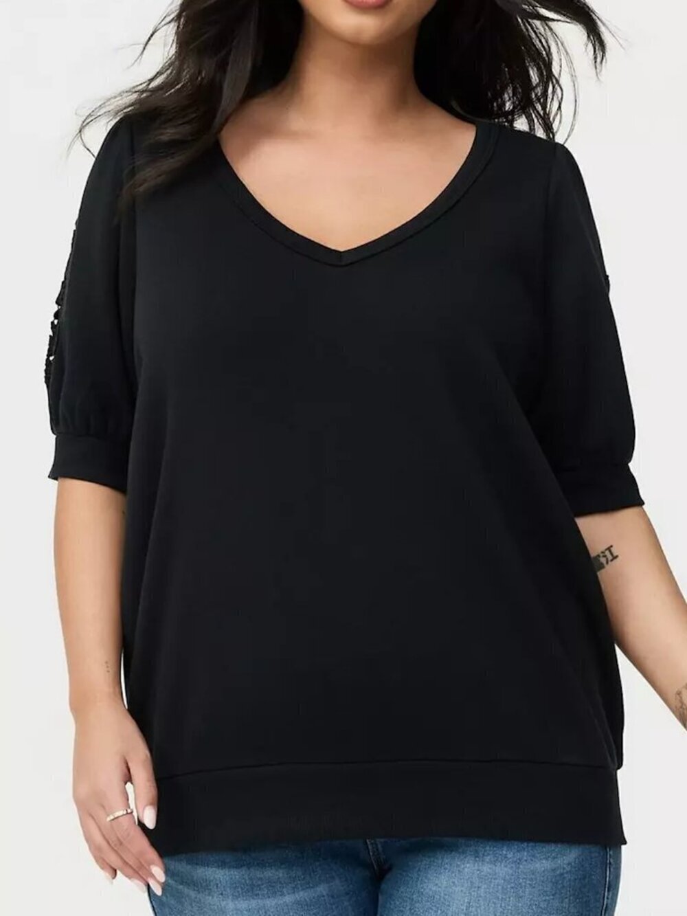 TORRID 0 Plus Size Cozy Fleece V-Neck Crochet Sweatshirt Black Short Sleeve Boho